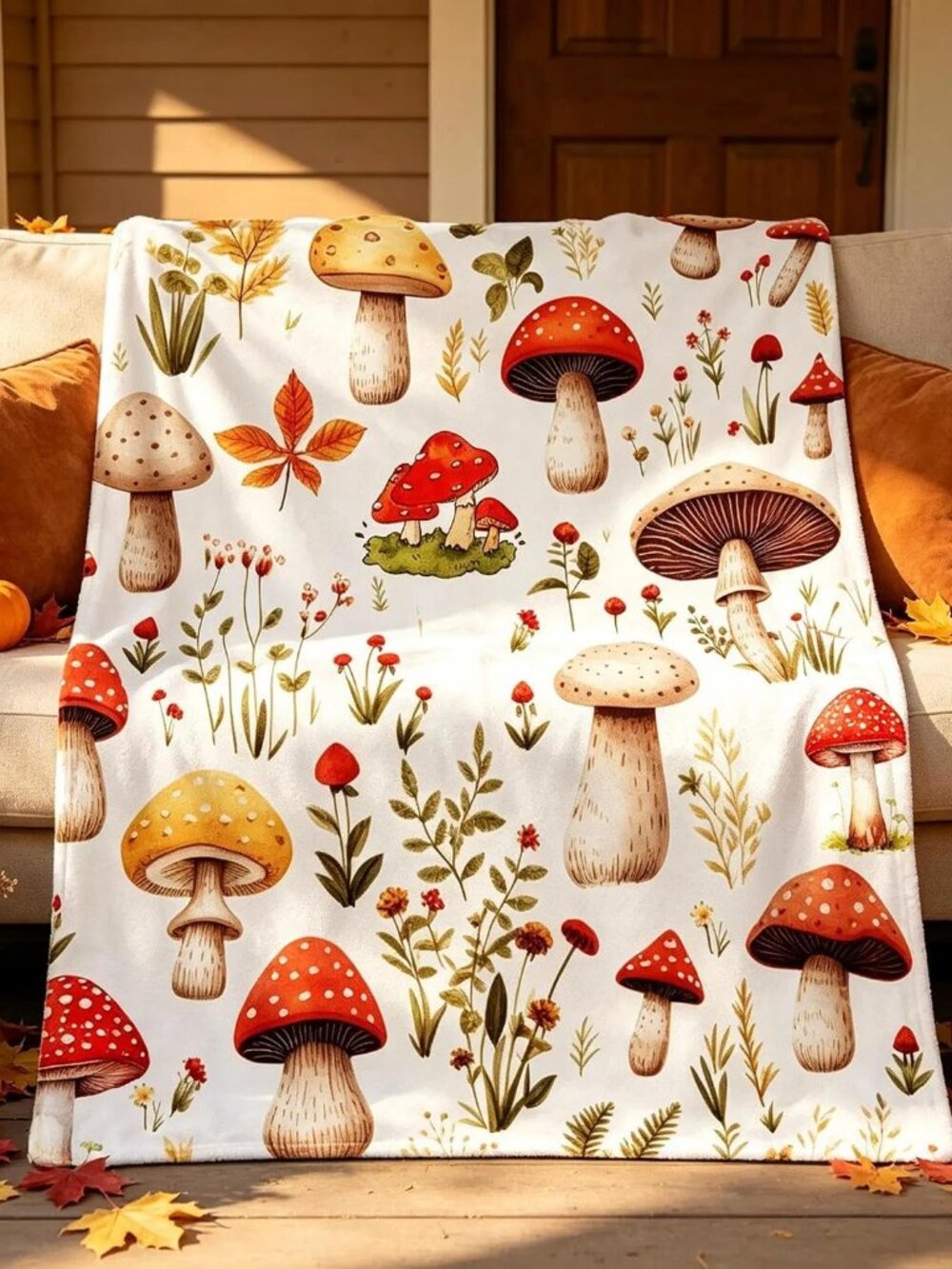 Mushroom Blanket 60 X 50 Inches, CottageCore Botanical Throw Blanket Fall Room D